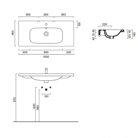 Раковина 100x46 встраиваемая/подвесная Catalano Alvea без отв. под смеситель покрытие Cataglaze+ цвет белый глянцевый 621010001 схема 2