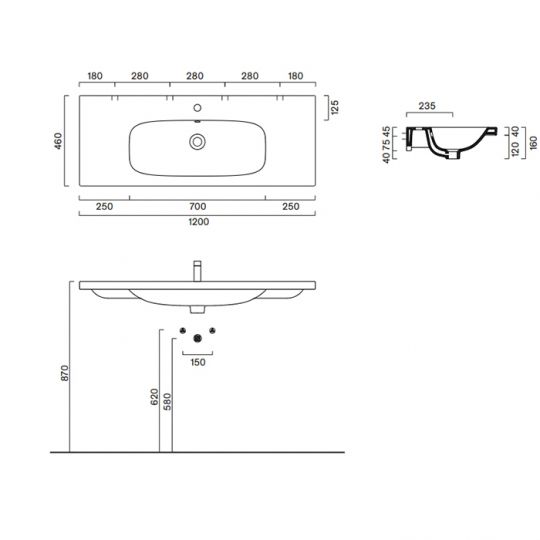 Раковина 120x46 встраиваемая/подвесная Catalano Alvea без отв. под смеситель покрытие Cataglaze+ цвет белый глянцевый 621210001 схема 2