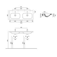 Раковина 120x46 двойная Catalano Alvea встраиваемая или подвесная без отв. под смеситель покрытие Cataglaze+ цвет белый глянцевый 621220001 схема 2