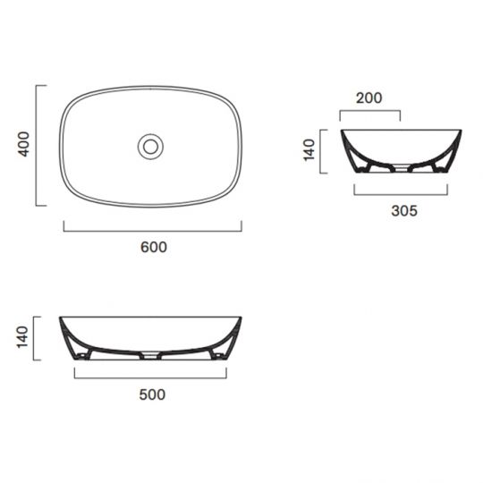 Раковина 60x40 накладная Catalano Alvea без отв. под смеситель покрытие Cataglaze+ цвет белый глянцевый 622600001 схема 2