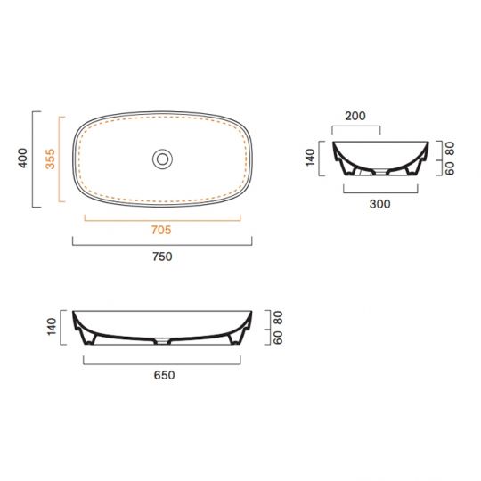 Раковина 75x40 встраиваемая Catalano Alvea без отв. под смеситель покрытие Cataglaze+ цвет белый глянцевый 624750001 схема 2 Раковина 75x40 встраиваемая Catalano Alvea без отв. под смеситель покрытие Cataglaze+ цвет белый глянцевый 624750001 схема 2