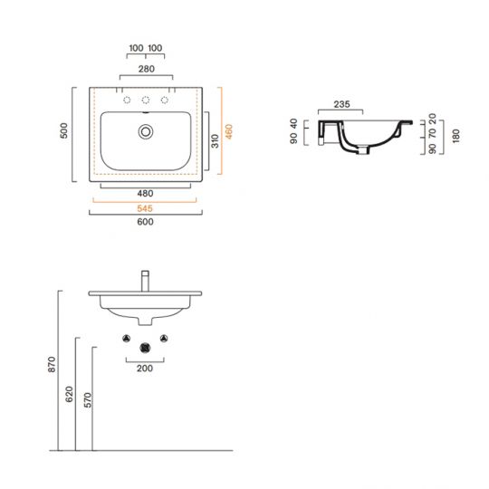 Раковина подвесная Catalano Italy 60x50 см без отв. под смеситель покрытие Cataglaze+ цвет белый глянцевый 720610001 схема 2