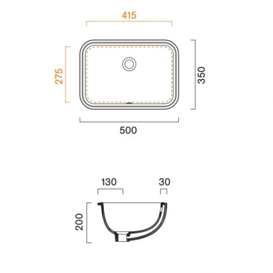Раковина 50*35см Catalano Italy встраиваемая под столешницу с переливом цвет белый глянцевый схема 2