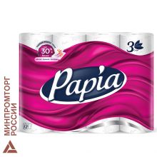 Бумага туалетная бытовая, спайка 12 шт., 3-слойная (12×16,8 м), PAPIA, белая 112051
