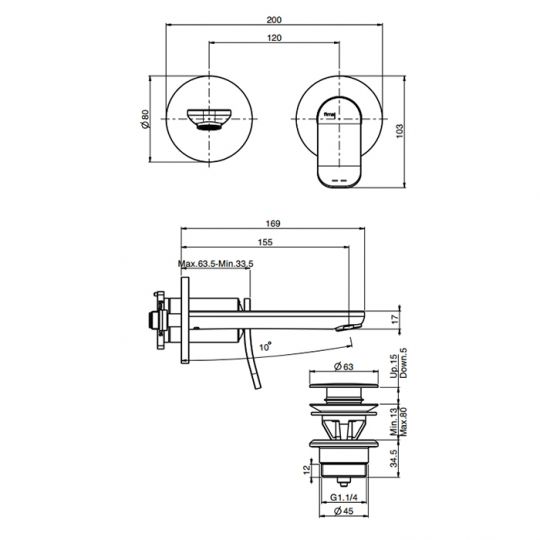 Настенный смеситель для раковины Fima carlo frattini Flo F3821WX8 излив 150мм схема 13