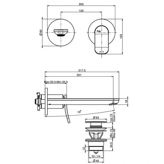 Настенный смеситель для раковины Fima carlo frattini Flo F3821WLX8 излив 200мм схема 2