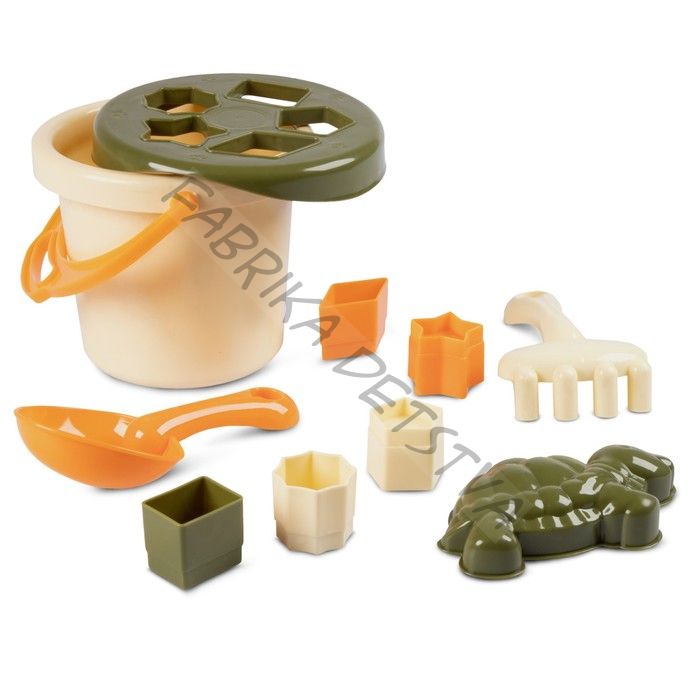 Песочный набор — сортер, 10 предметов: ведро, лопатка, грабли, формочка, 5 фигур, хаки-коричневый