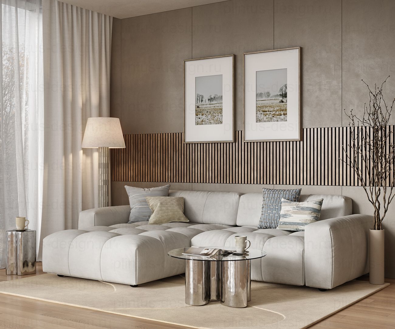 Акустическая панель, черный войлок, рейки МДФ, ясень тирамису, 600х19, 1200 мм