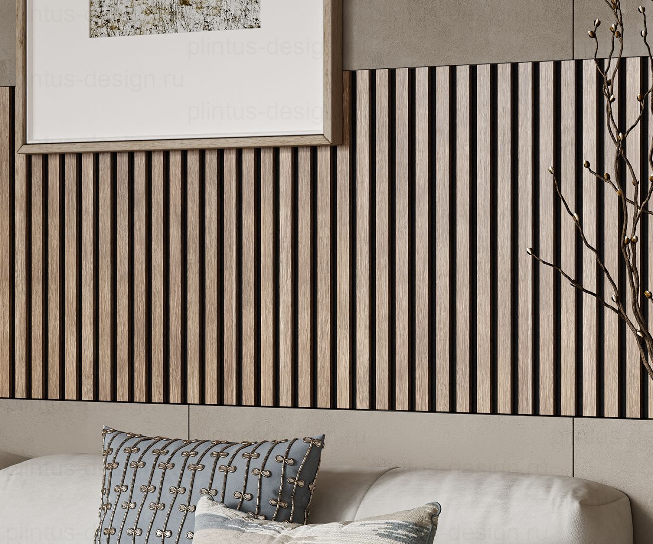 Акустическая панель, черный войлок, рейки МДФ, ясень тирамису, 600х19, 1200 мм