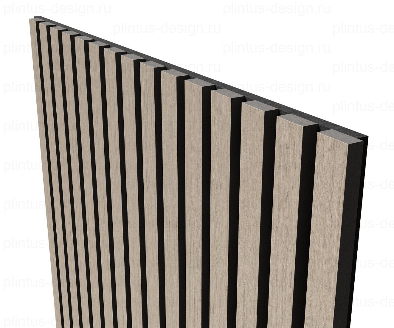 Акустическая панель, черный войлок, рейки МДФ, шпон дуб латте бежевый, 600х21, 1200 мм