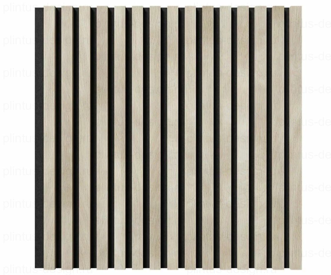 Акустическая панель, черный войлок, рейки МДФ, ясень кристалл, 600х19, 600 мм