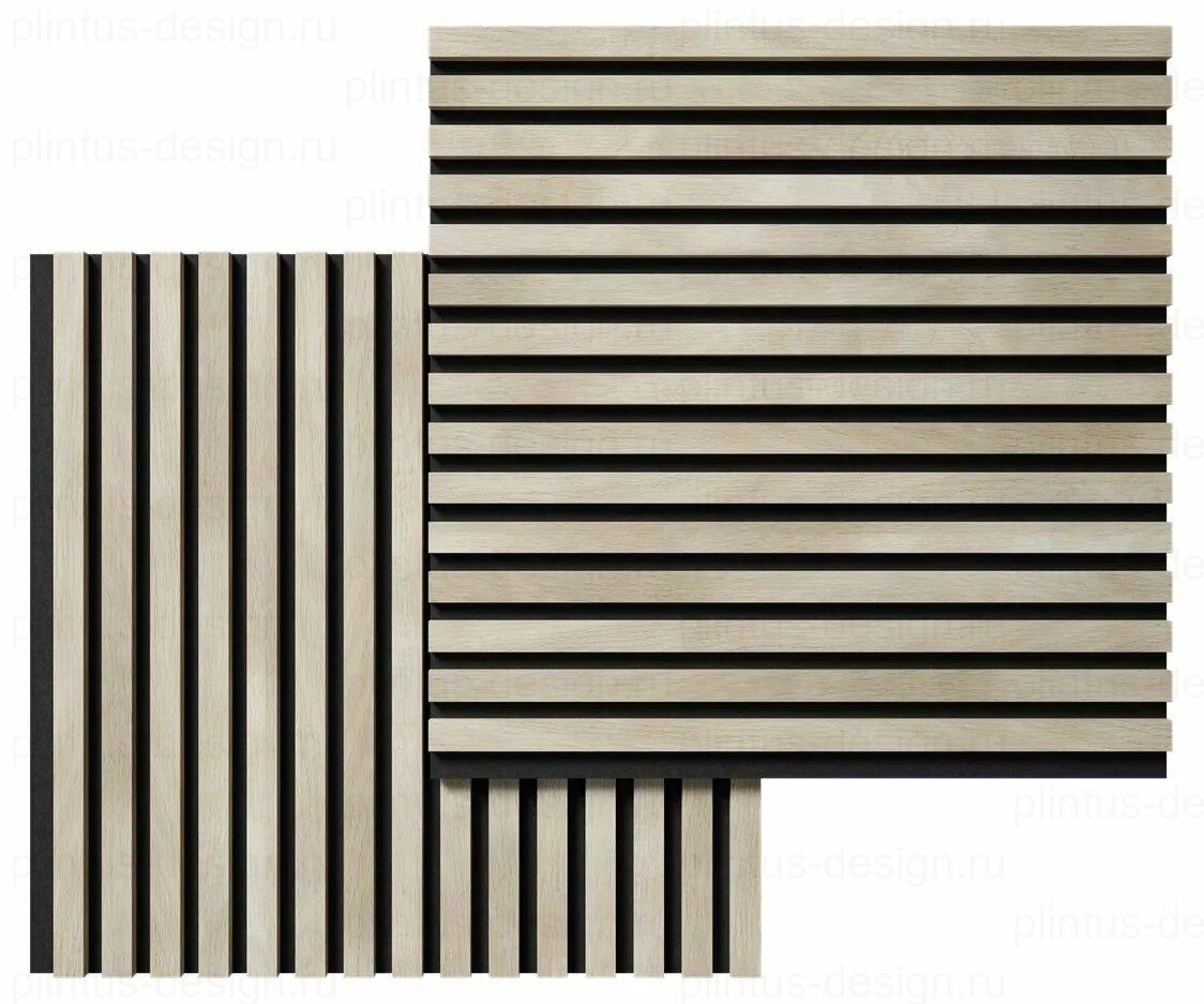 Акустическая панель, черный войлок, рейки МДФ, ясень кристалл, 600х19, 600 мм