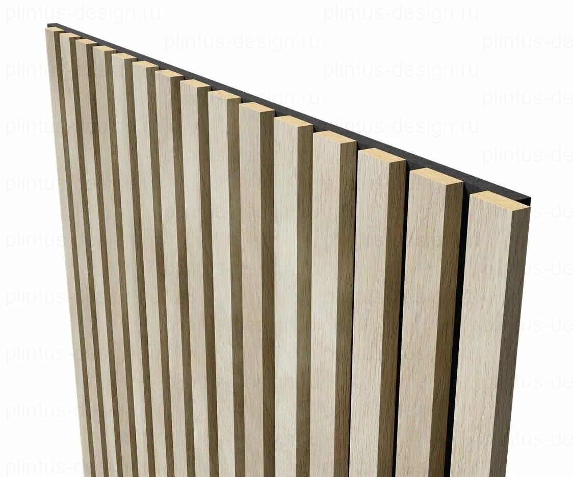 Акустическая панель, черный войлок, рейки МДФ, ясень кристалл, 600х19, 600 мм