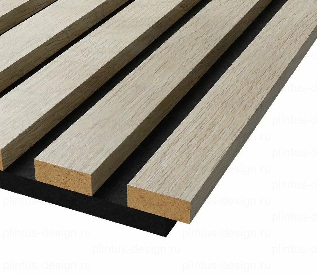 Акустическая панель, черный войлок, рейки МДФ, ясень кристалл, 600х19, 600 мм