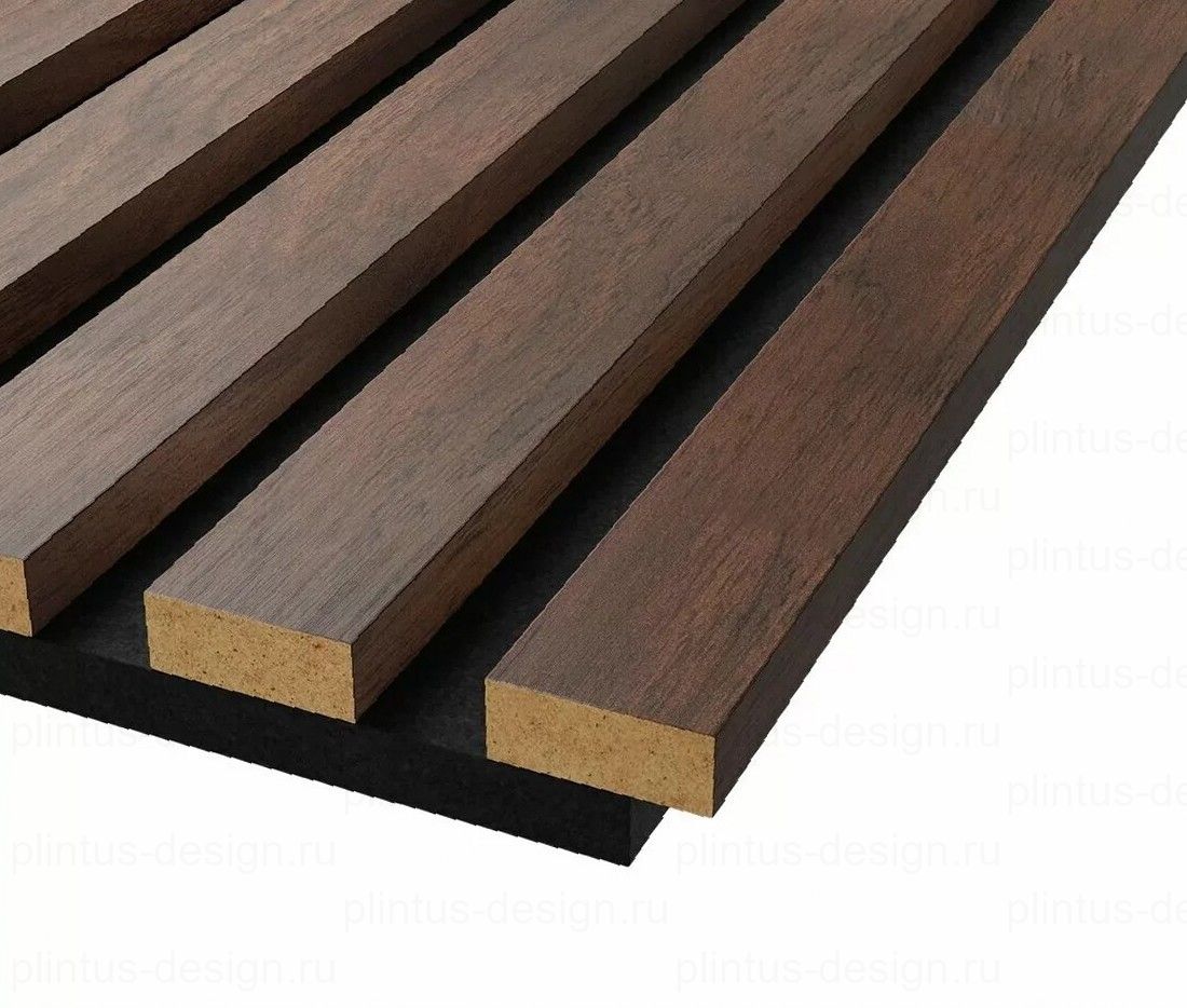 Акустическая панель, черный войлок, рейки МДФ, дуб барон темный, 600х19, 600 мм