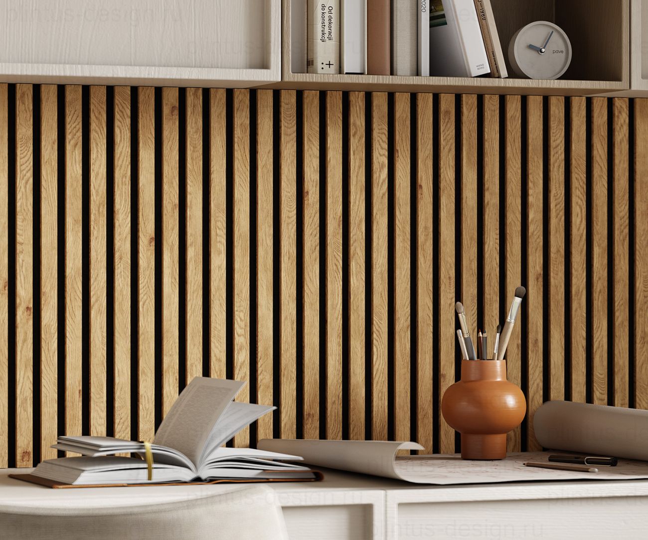 Акустическая панель, черный войлок, рейки МДФ, дуб медный, 600х19, 600 мм