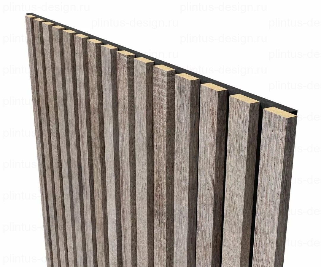 Акустическая панель, черный войлок, рейки МДФ, дуб дымчатый, 600х19, 600 мм