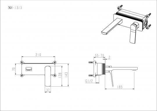 Настенный смеситель для раковины NEMO Prima NM-1313 скрытого монтажа со встраиваемой частью и донным клапаном схема 5