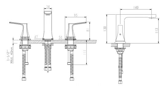 Смеситель для раковины NEMO Prima NM-1315 на 3 отверстия с донным клапаном схема 5 Смеситель для раковины NEMO Prima NM-1315 на 3 отверстия с донным клапаном схема 5