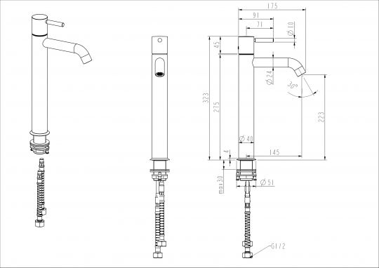 Смеситель для раковины высокий NEMO Round NM-2312 с донным клапаном схема 7