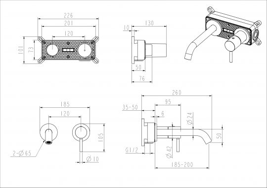 Смеситель для раковины NEMO Round NM-2313 встраиваемый с донным клапаном схема 7