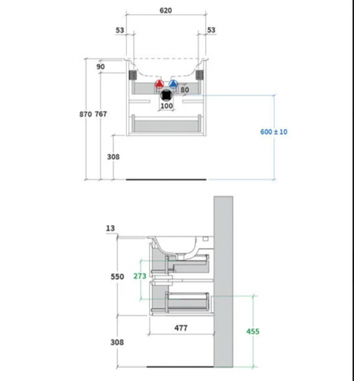 Тумба с раковиной Berloni Bagno Way Round 60 см подвесная, ceramica lucido, WAR0001 схема 6