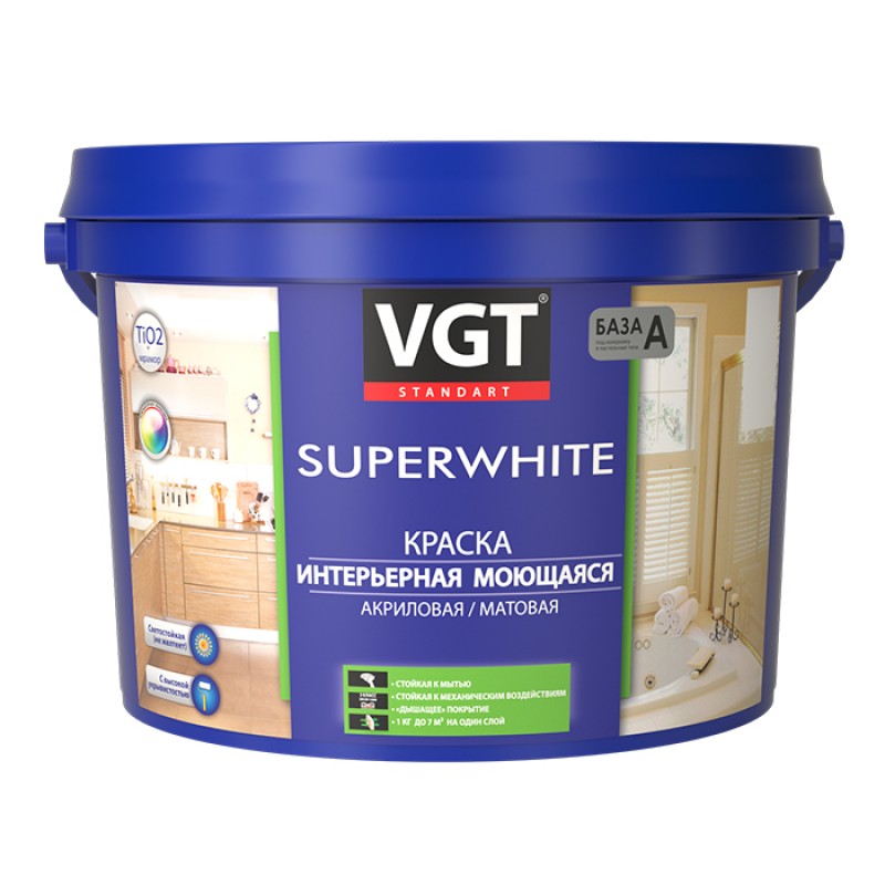 VGT SUPERWHITE ВД-АК-1180 Краска интерьерная моющаяся акриловая матовая база С, объем 13кг