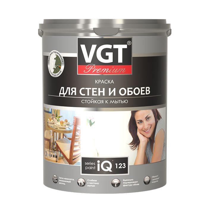 VGT PREMIUM IQ 123 Краска моющаяся для стен и обоев глубокоматовая база С под колеровку, объем 2л