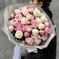 Букет из 25 нежных пионов в матовой упаковке