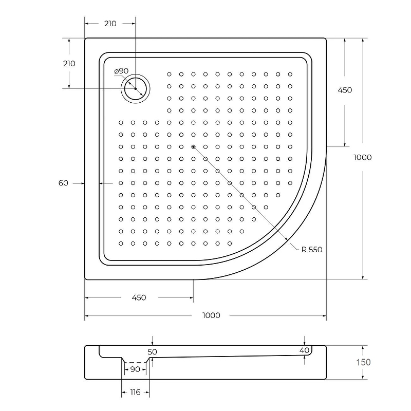 Акриловый поддон для душа BelBagno Tray 100x100 TRAY-BB-R-100-550-15-W0 Белый схема 2