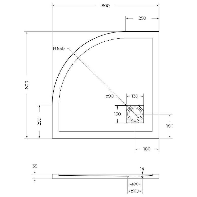 Душевой поддон из искусственного камня BelBagno Uno 80x80 TRAY-MR-UNO-R-80-550-35-W Белый схема 5