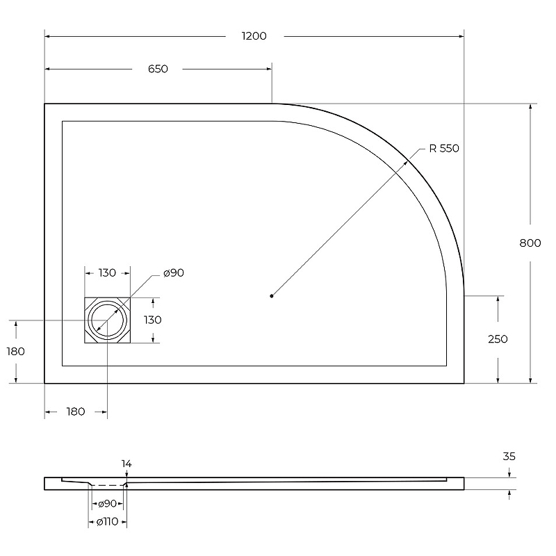 Душевой поддон из искусственного камня BelBagno Uno 120x80 R TRAY-MR-UNO-RH-120/80-550-35-W-R Белый схема 5