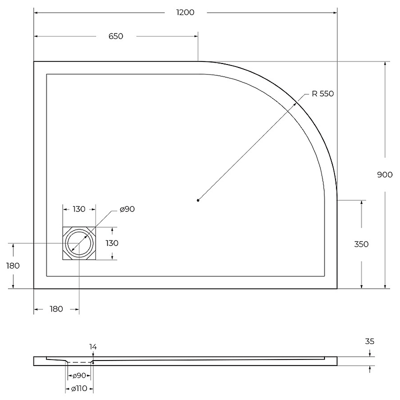 Душевой поддон из искусственного камня BelBagno Uno 120x90 R TRAY-MR-UNO-RH-120/90-550-35-W-R Белый схема 5