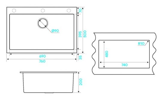 Мойка кухонная Kuchenstern OBEN 80 a-Granit 20520 76х50 см схема 6