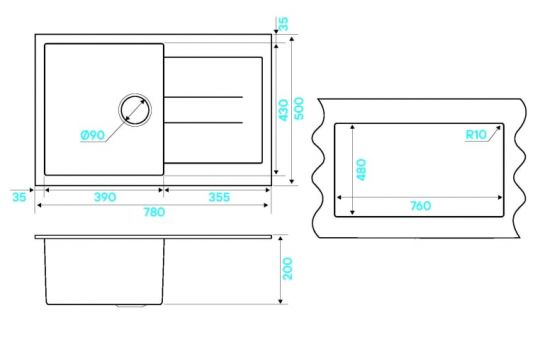 Мойка кухонная Kuchenstern PLAT 50 a-Granit 20620 78х50 см схема 6