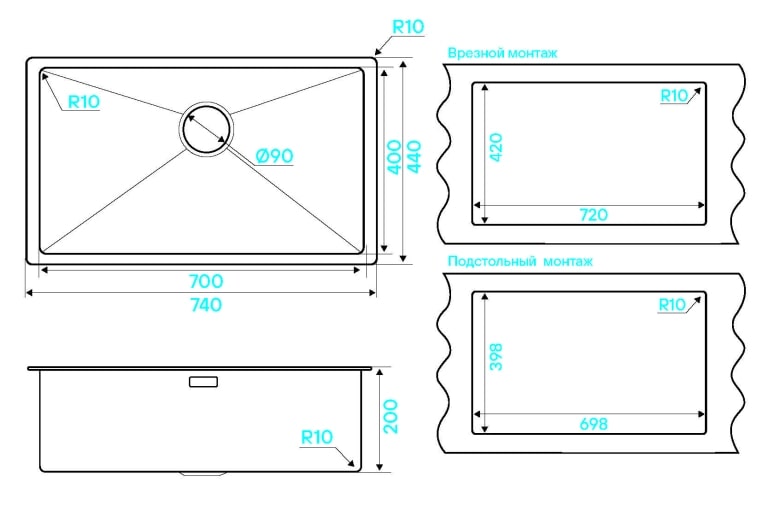 Мойка кухонная Kuchenstern KRAFT 80 AISI 304/R10 50450 74х44 см ФОТО
