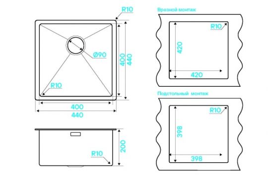 Мойка кухонная Kuchenstern KRAFT 45 AISI 304/R10 50050 44х44 см схема 4