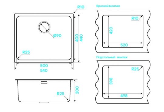 Мойка кухонная Kuchenstern MULTI 60 AISI 304/R25 553SS50 54х44 см схема 3