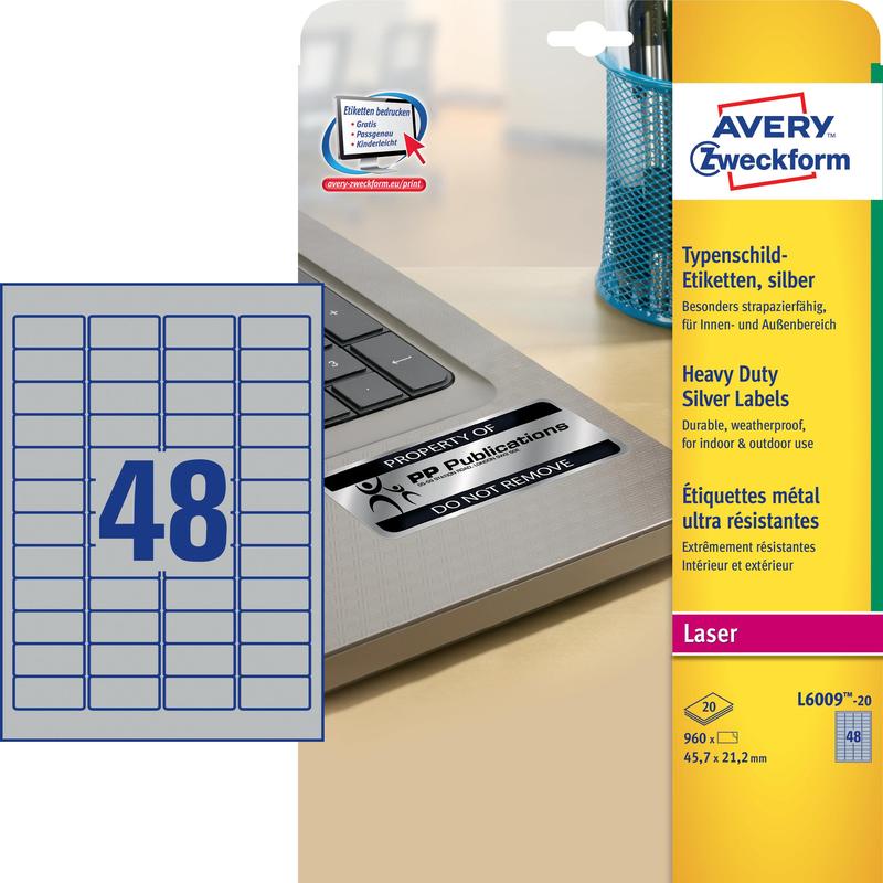 L6009-100  Этикетки  Avery Zweckform ,серебристые, полиэстерные, L, 45.7х21.2 мм, 48шт., 100 листов
