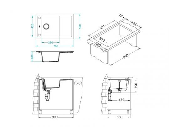 Мойка для кухни Alveus FORMIC 30 GRANITAL+ с сифоном 76х50 см схема 9