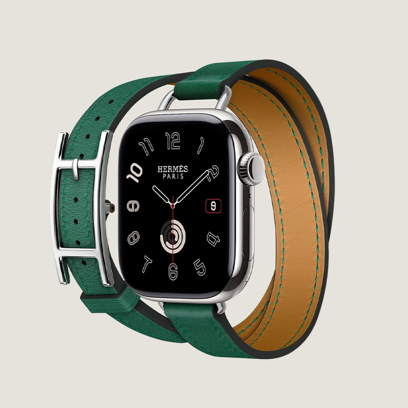 Часы Apple Watch Hermès Series 9 GPS + Cellular 41mm Silver Stainless Steel Case with Vert Moyen Hapi  Attelage Double Tour