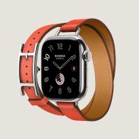 Часы Apple Watch Hermès Series 9 GPS + Cellular 41mm Silver Stainless Steel Case with Orange Field Hapi  Attelage Double Tour