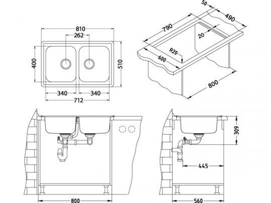 Мойка для кухни Alveus ELEGANT 40 SAT-90 в комплекте с сифоном 81х51 см схема 3