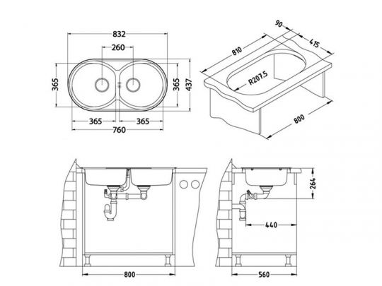 Мойка для кухни Alveus FORM 50 LEI-90 в комплекте с сифоном 83,2х43,7 см схема 3