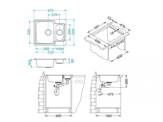 Мойка для кухни Alveus LINE 50 NAT-90 в комплекте с сифоном 61,5х50 см схема 3