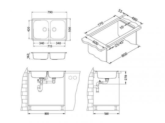 Мойка для кухни Alveus LINE 90 NAT-60 в комплекте с сифоном 79х50 см схема 2