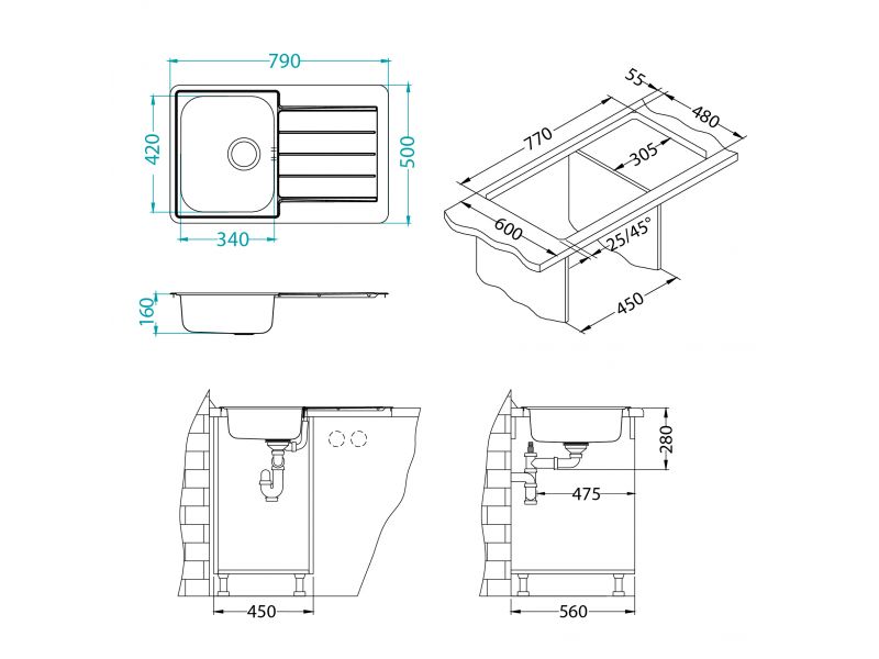 Мойка для кухни Alveus LINE 80 NAT-90 в комплекте с сифоном 79х50 см ФОТО