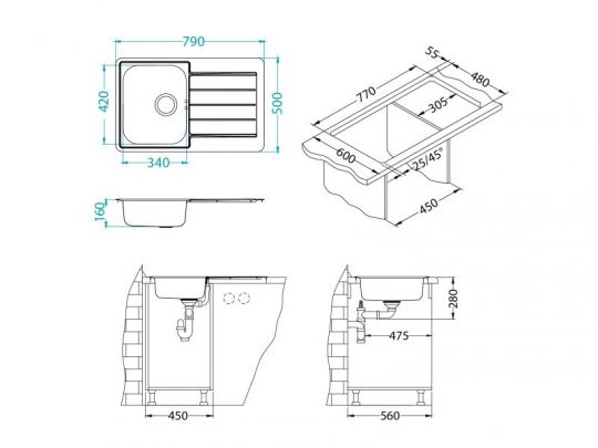 Мойка для кухни Alveus LINE 80 NAT-90 в комплекте с сифоном 79х50 см схема 3