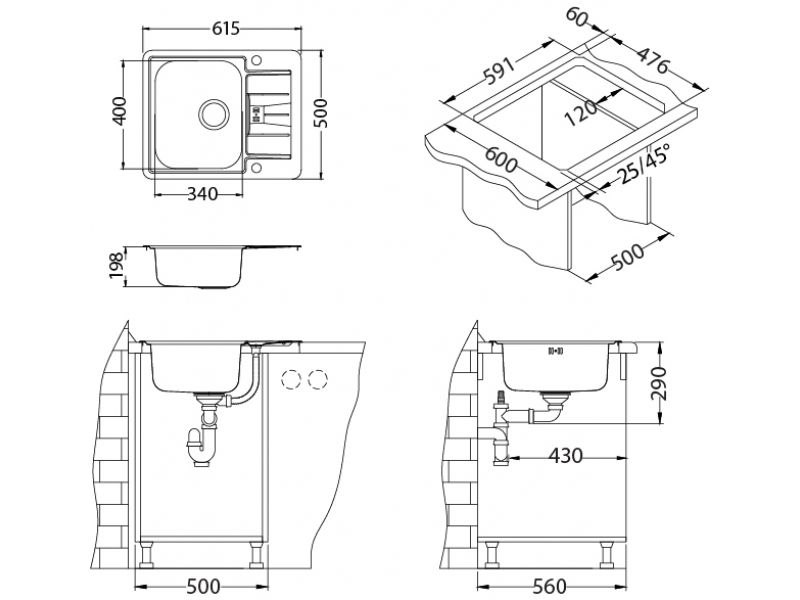 Мойка для кухни Alveus LINE MAXIM 60 SAT-90 LUX в комплекте с сифоном 61х50 см ФОТО