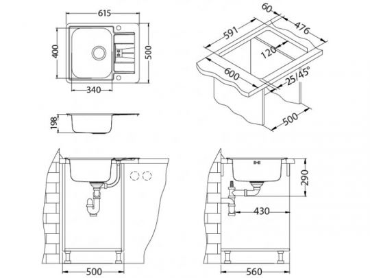Мойка для кухни Alveus LINE MAXIM 60 SAT-90 LUX в комплекте с сифоном 61х50 см схема 4